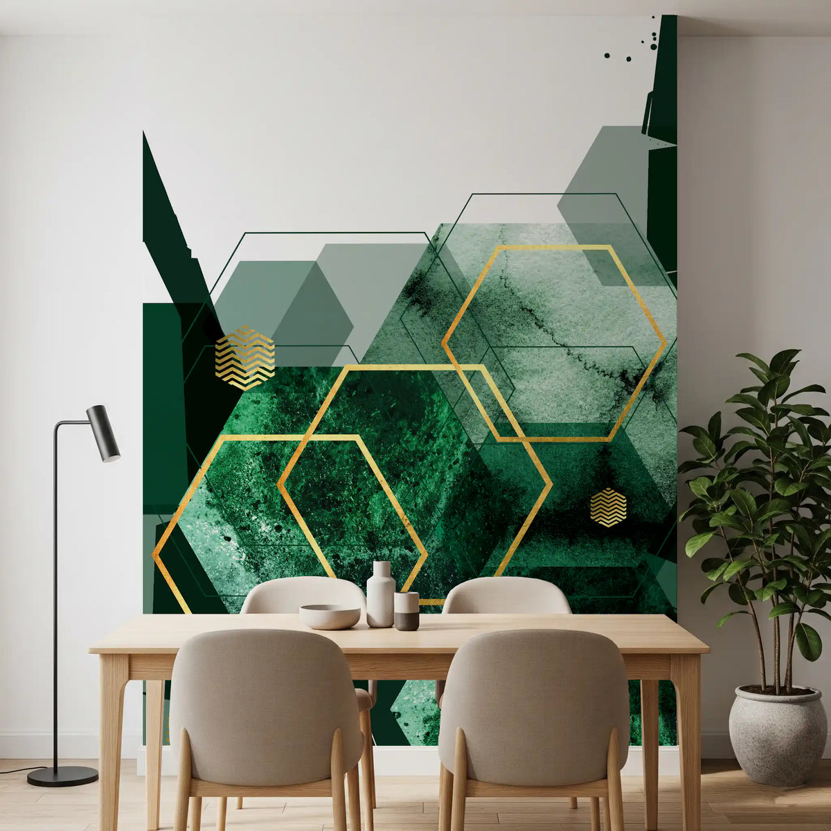 Green hexagon wall mural framing a dining room 