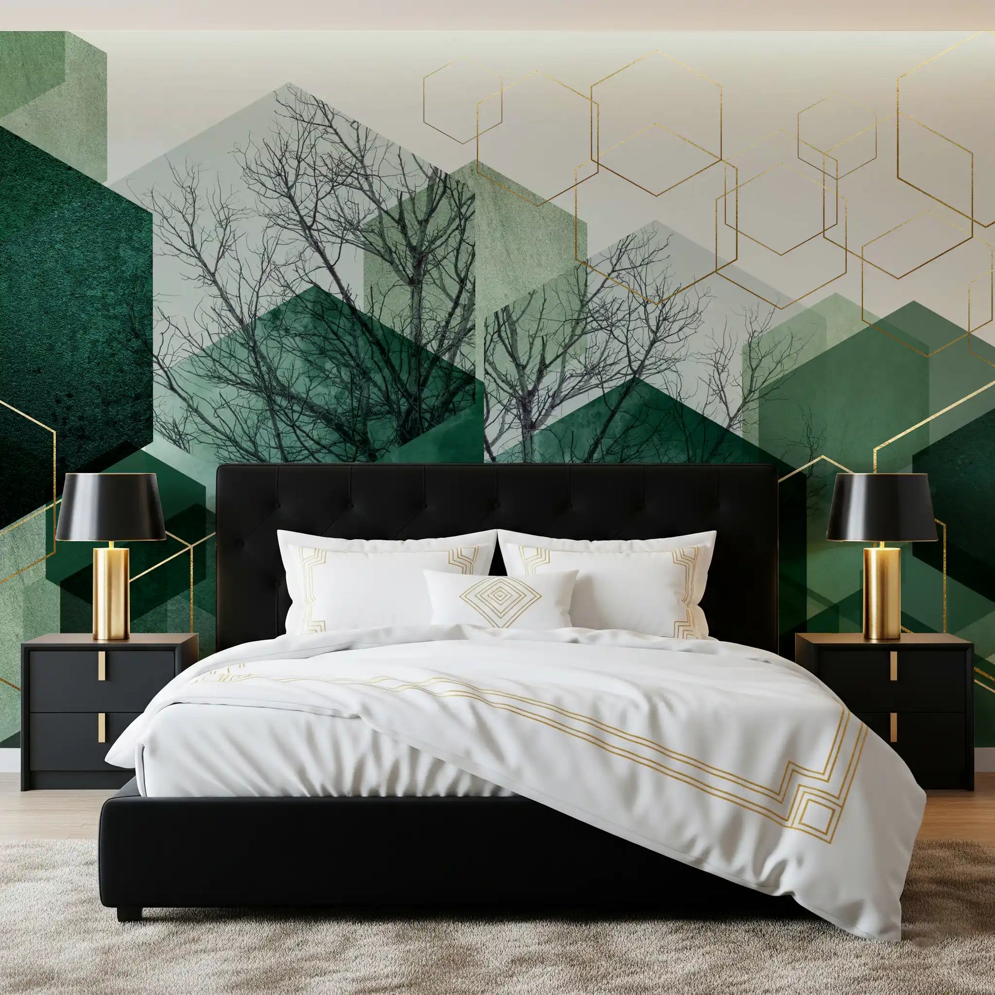 Verdant Hexascape wall mural styled  in a moody bedroom setting