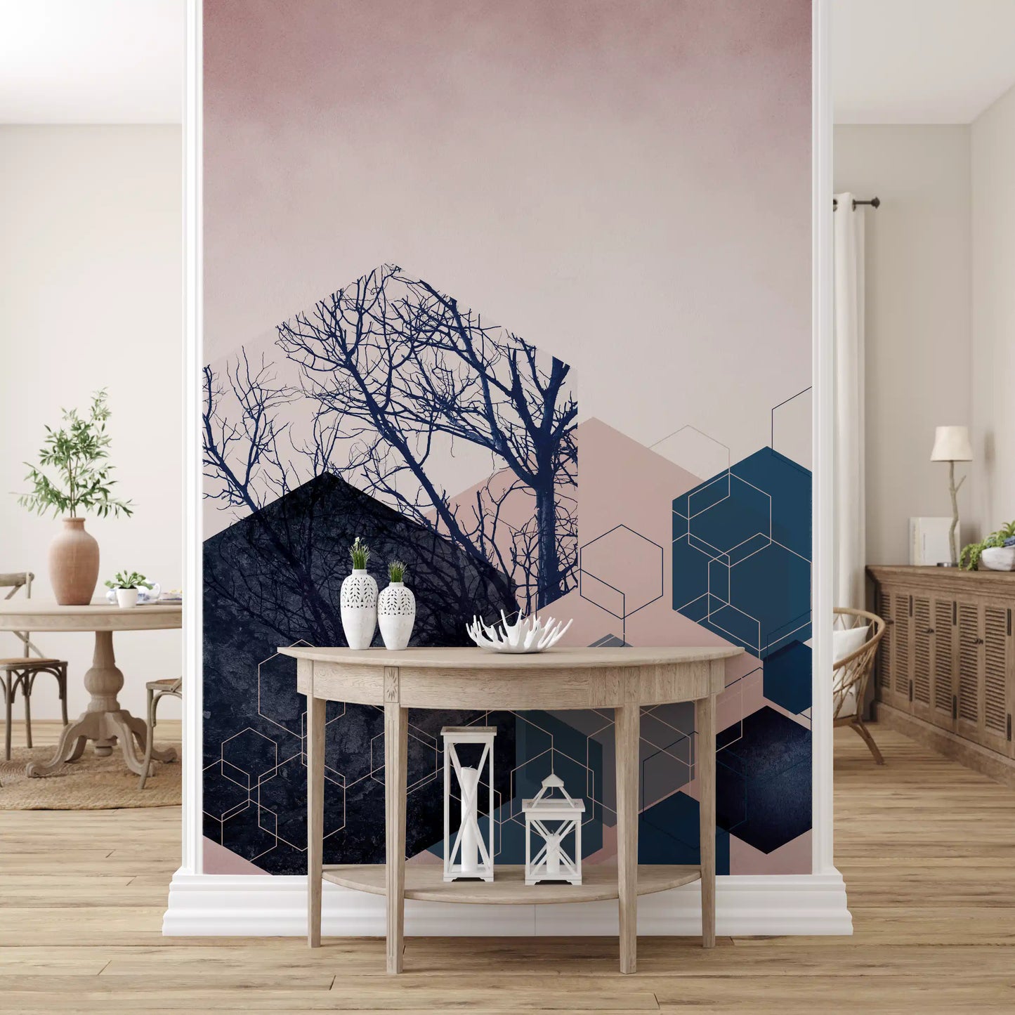 Geometric Grove: Midnight & Blush 2 Wall Mural