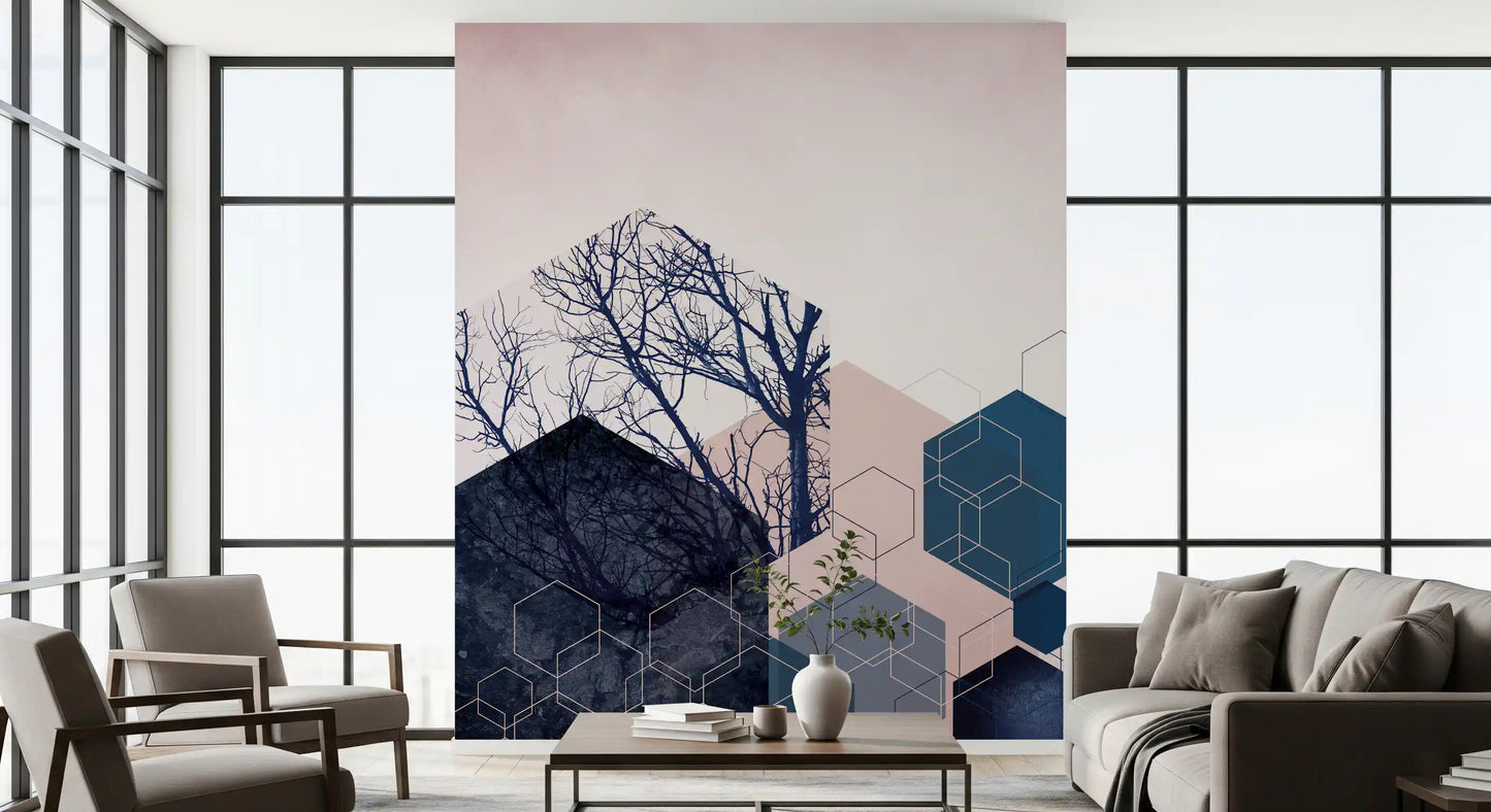 Geometric Grove: Midnight & Blush 2 Wall Mural