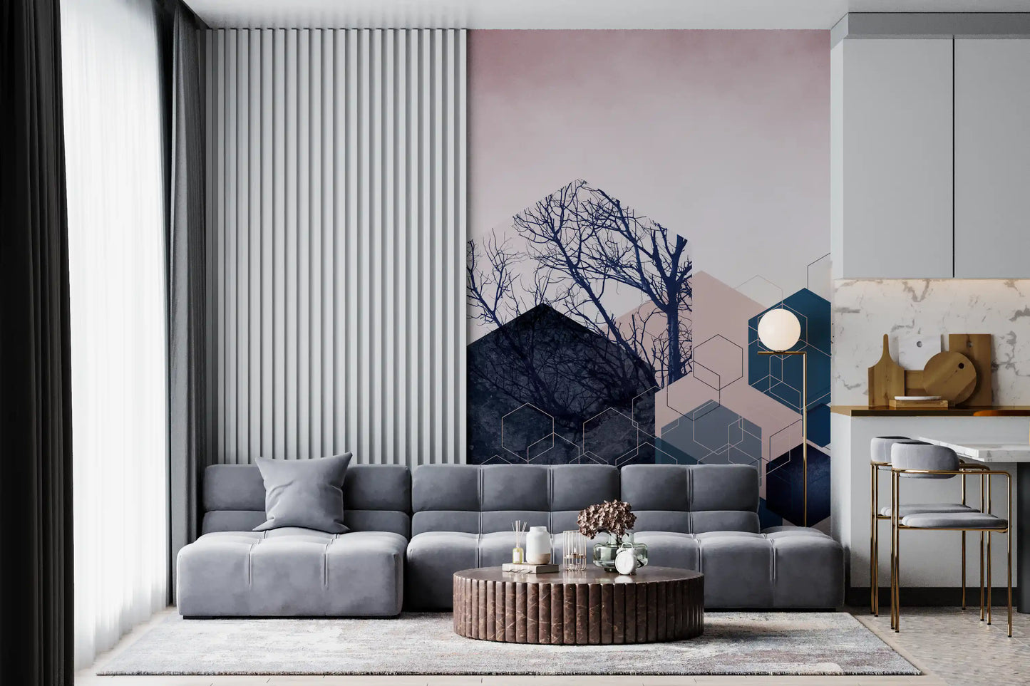 Geometric Grove: Midnight & Blush 2 Wall Mural