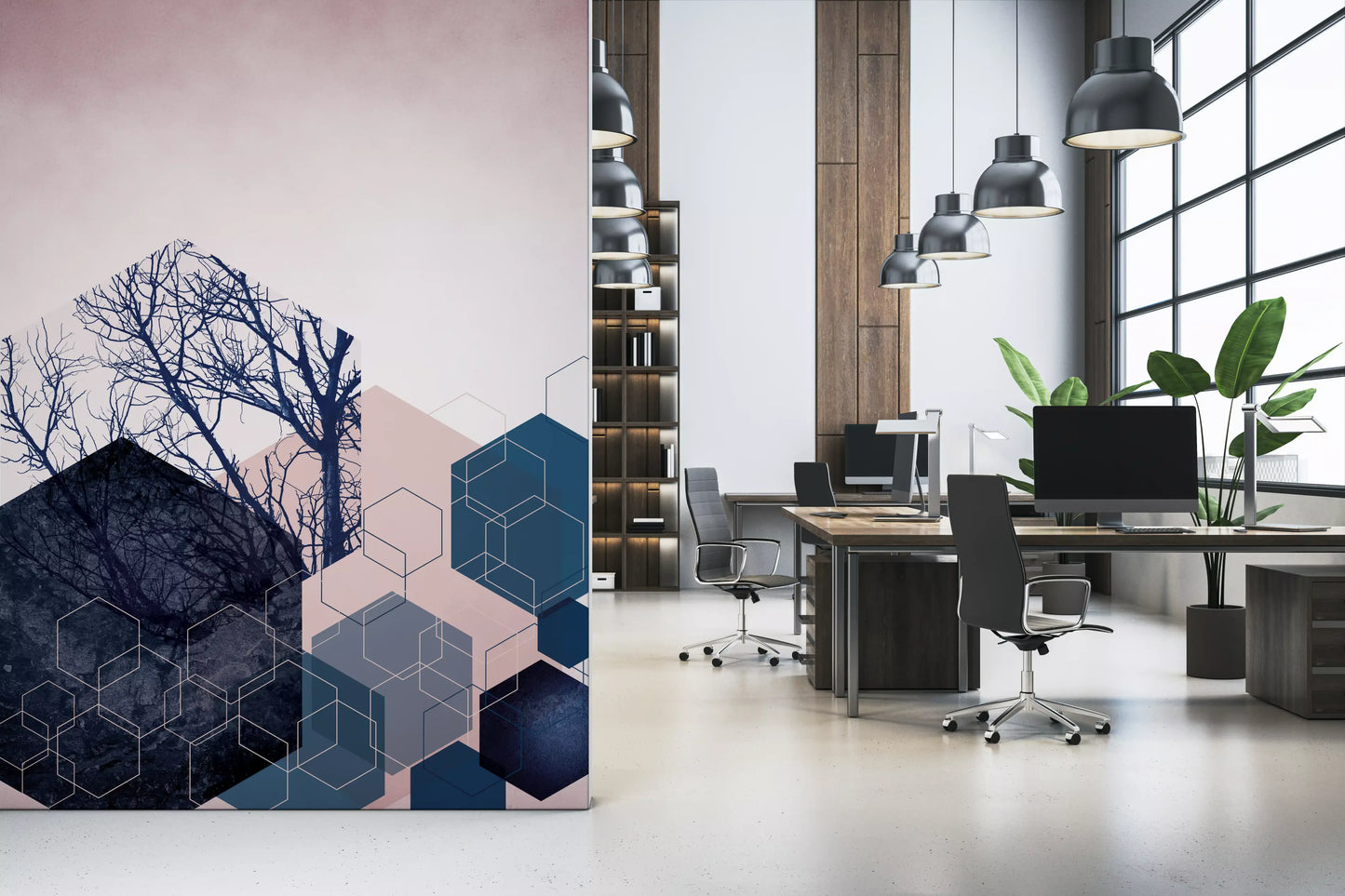 Geometric Grove: Midnight & Blush 2 Wall Mural