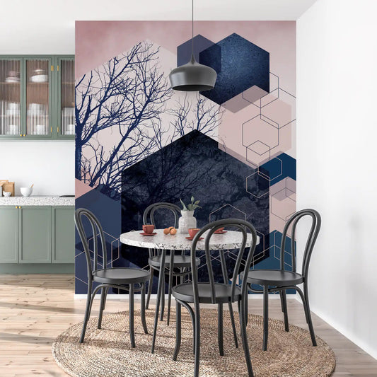 Dining room with round table and navy hexagon Geometric Grove wall mural