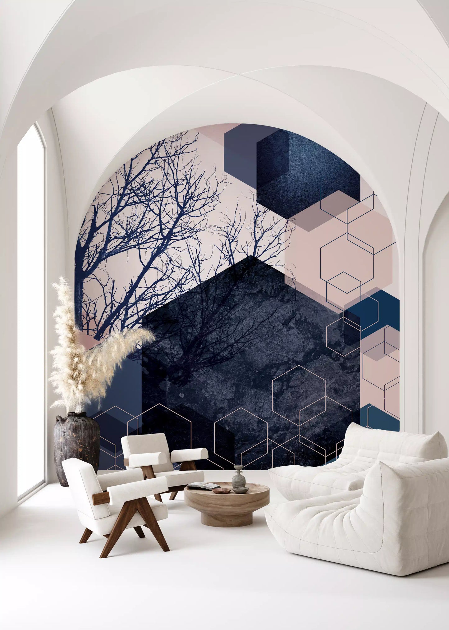 Geometric Grove: Midnight & Blush Wall Mural
