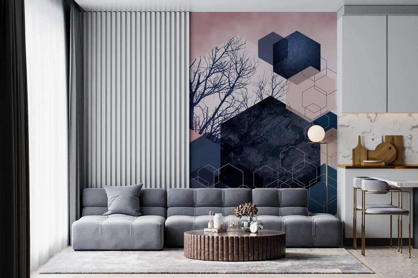 Geometric Grove: Midnight & Blush Wall Mural