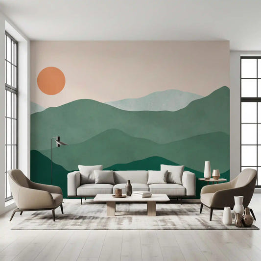 Living room feature with the Green Peak Sunset wall mural behind a seating zone