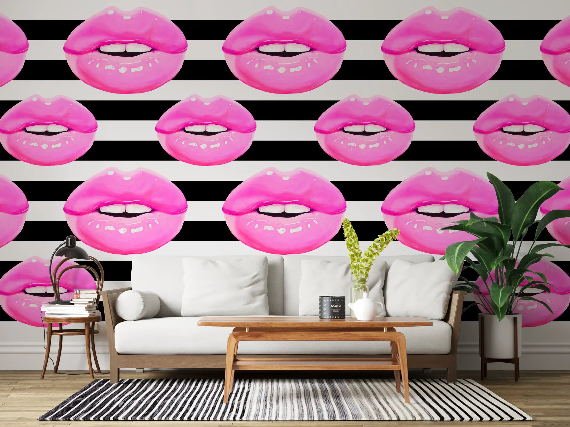 Pop Kiss Stripes wall mural fills a living room with rows of glossy pink lips.