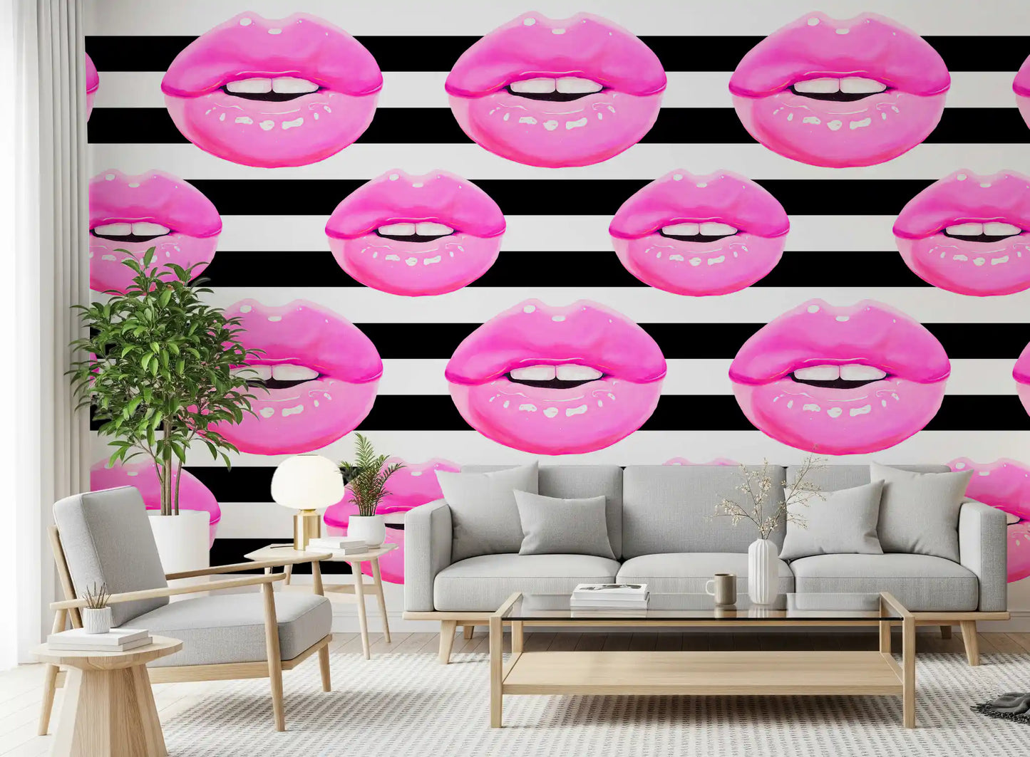 Pink kisses stack between black and white bands on the Pop Kiss Stripes wall mural