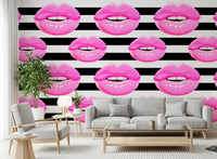 Pink kisses stack between black and white bands on the Pop Kiss Stripes wall mural