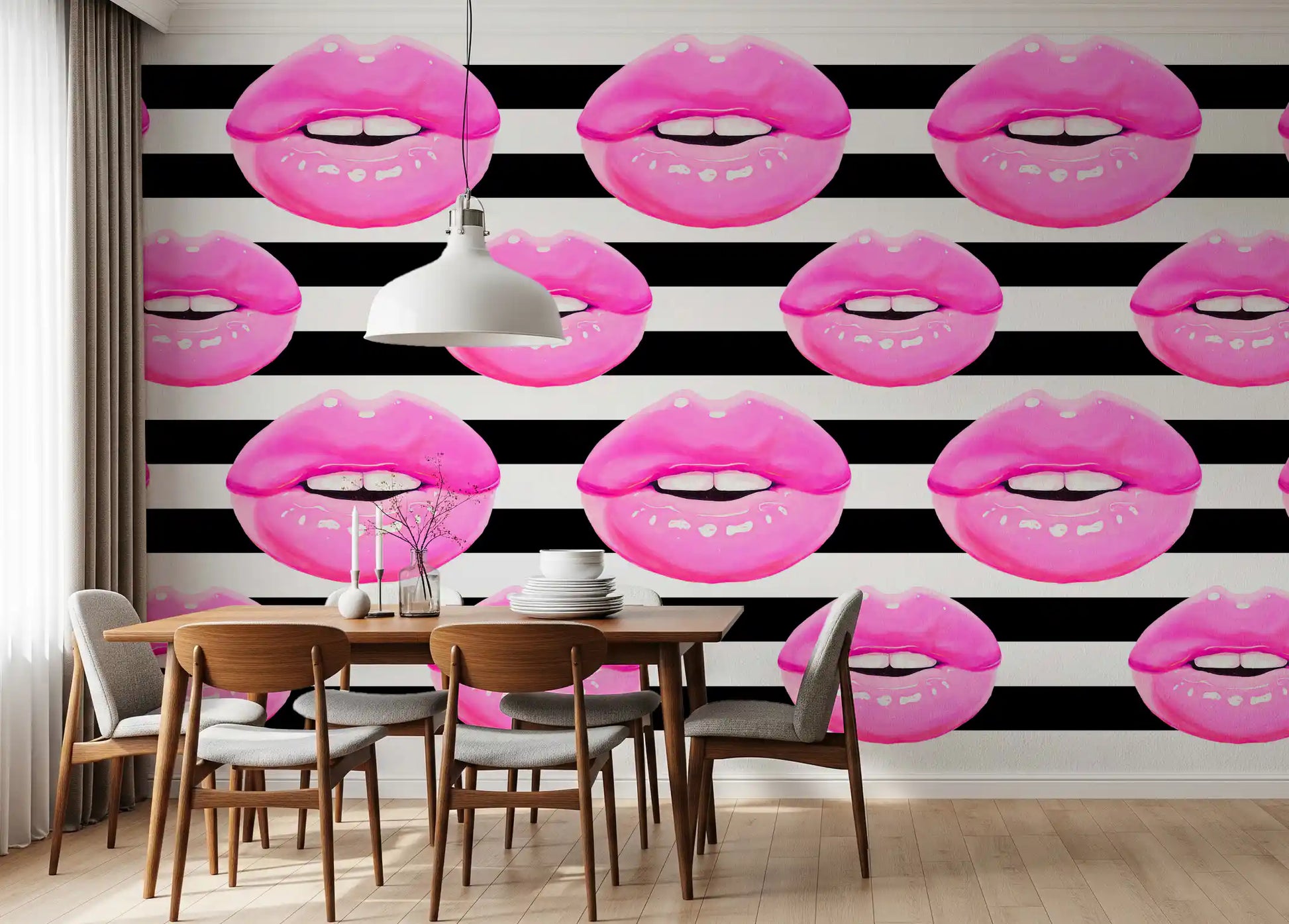 Kitchen-dining area gains punch through the Pop Kiss Stripes wall mural behind it.