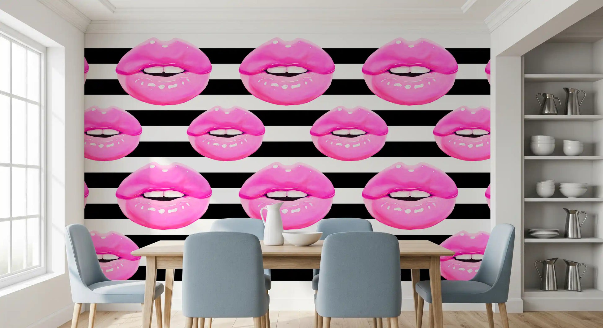 The dining room takes a hot pink lift from this Pop Kiss Stripes wall mural.