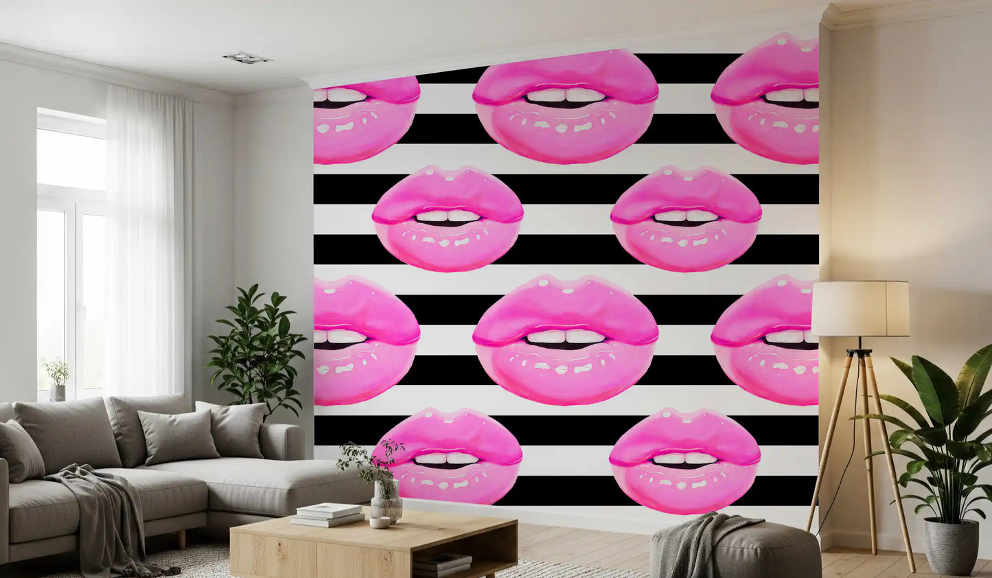 Lip shapes repeat in alternating sizes on the Pop Kiss Stripes wall mural pattern.