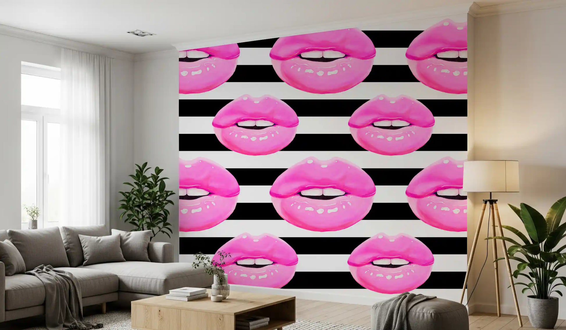 Lip shapes repeat in alternating sizes on the Pop Kiss Stripes wall mural pattern.