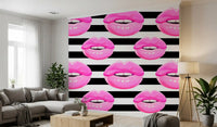 Lip shapes repeat in alternating sizes on the Pop Kiss Stripes wall mural pattern.