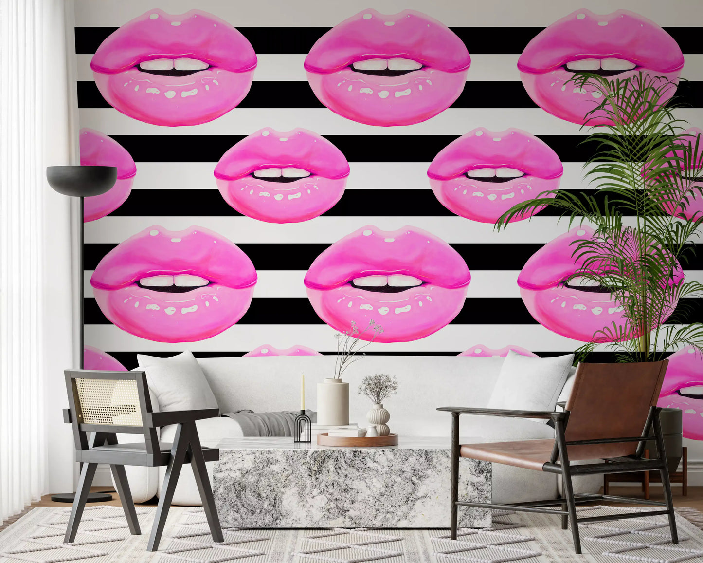 Lounge corner shows a Kiss Stripes wall mural full of glossy pink kiss rows.