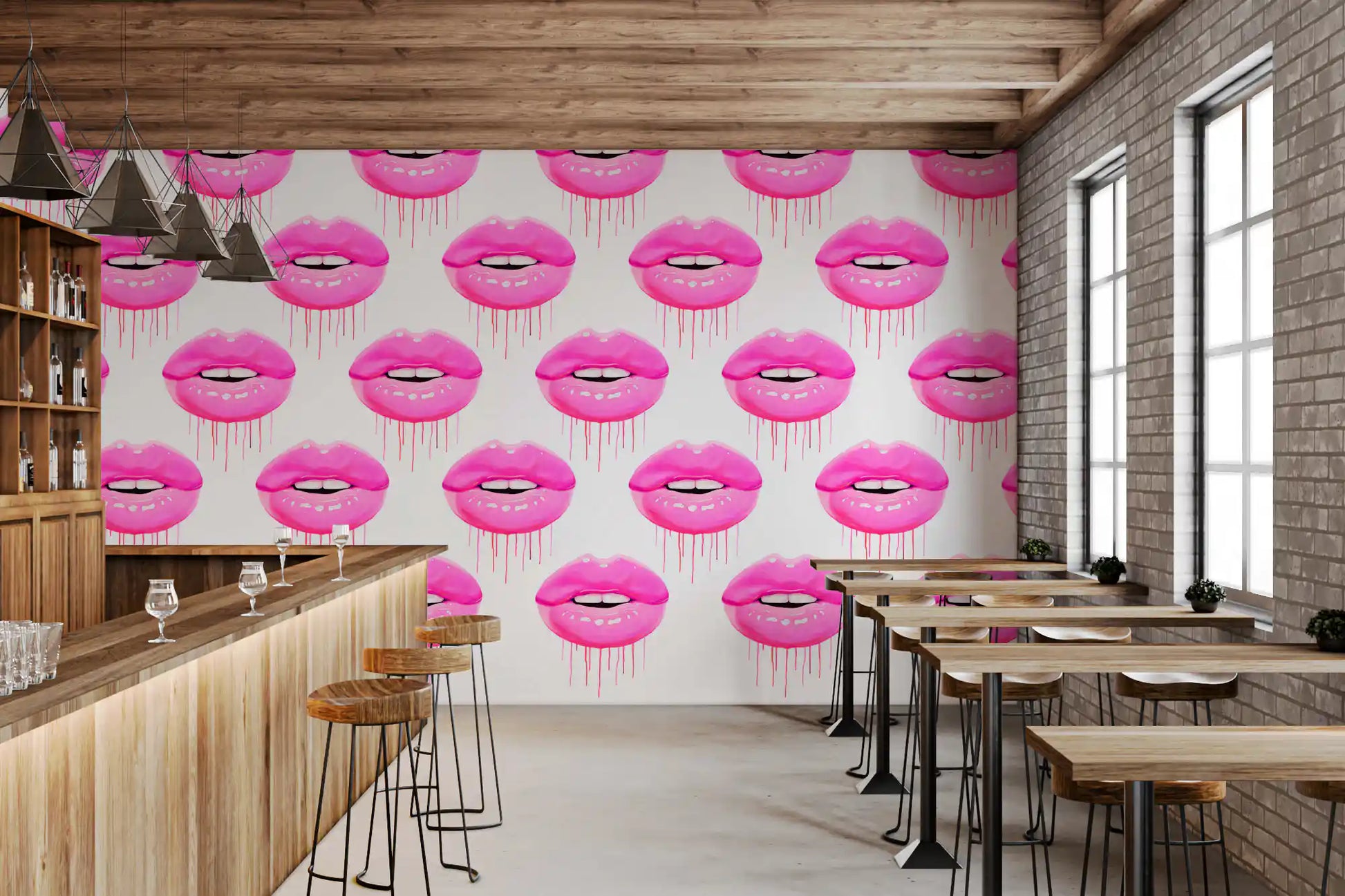 Bold pop motif of glossy kisses fills the Fuchsia Kiss Pop wall mural