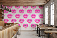 Bold pop motif of glossy kisses fills the Fuchsia Kiss Pop wall mural
