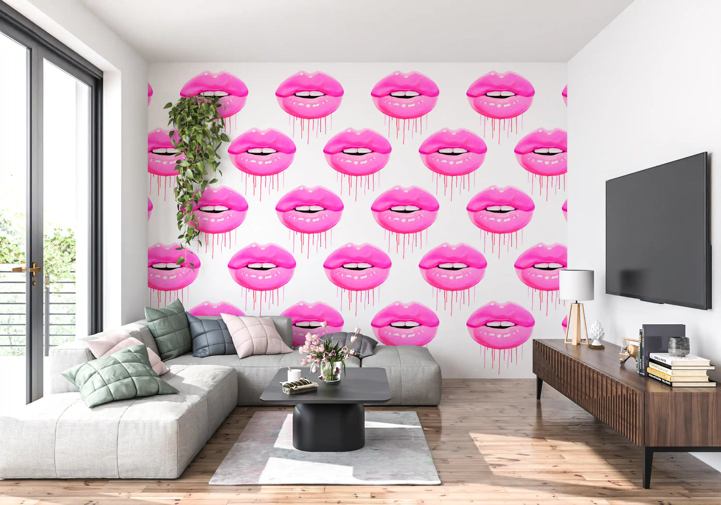 Playful energy lifts a Living room through the Fuchsia Kiss Pop wall mural