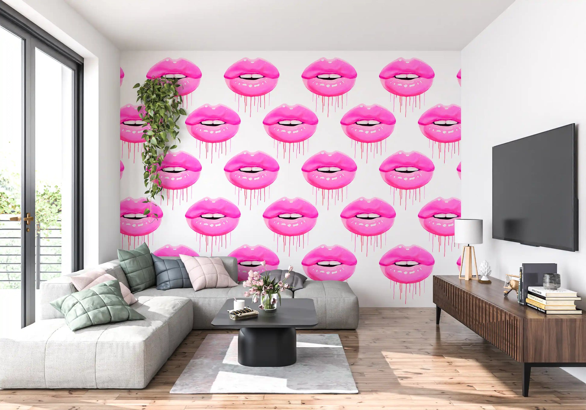 Playful energy lifts a Living room through the Fuchsia Kiss Pop wall mural