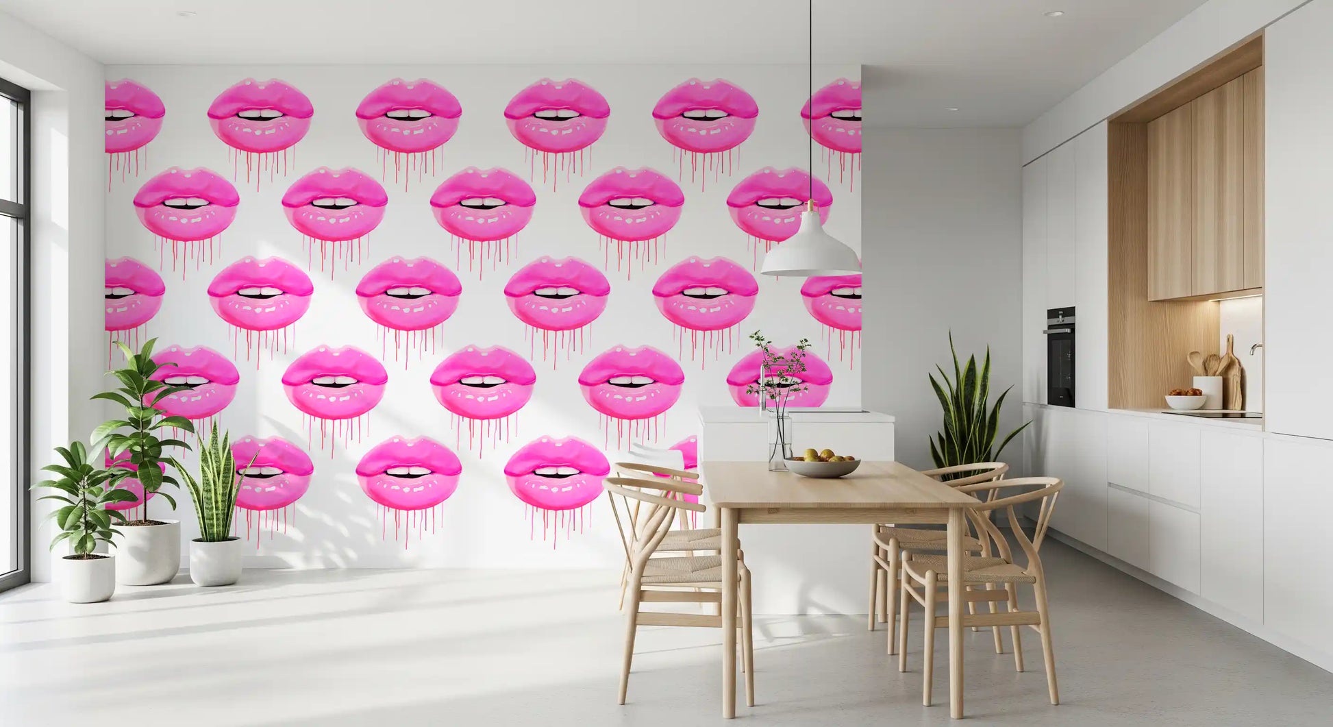 Thin magenta drips fall beneath every lip on the Fuchsia Kiss Pop wall mural