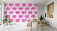 Thin magenta drips fall beneath every lip on the Fuchsia Kiss Pop wall mural
