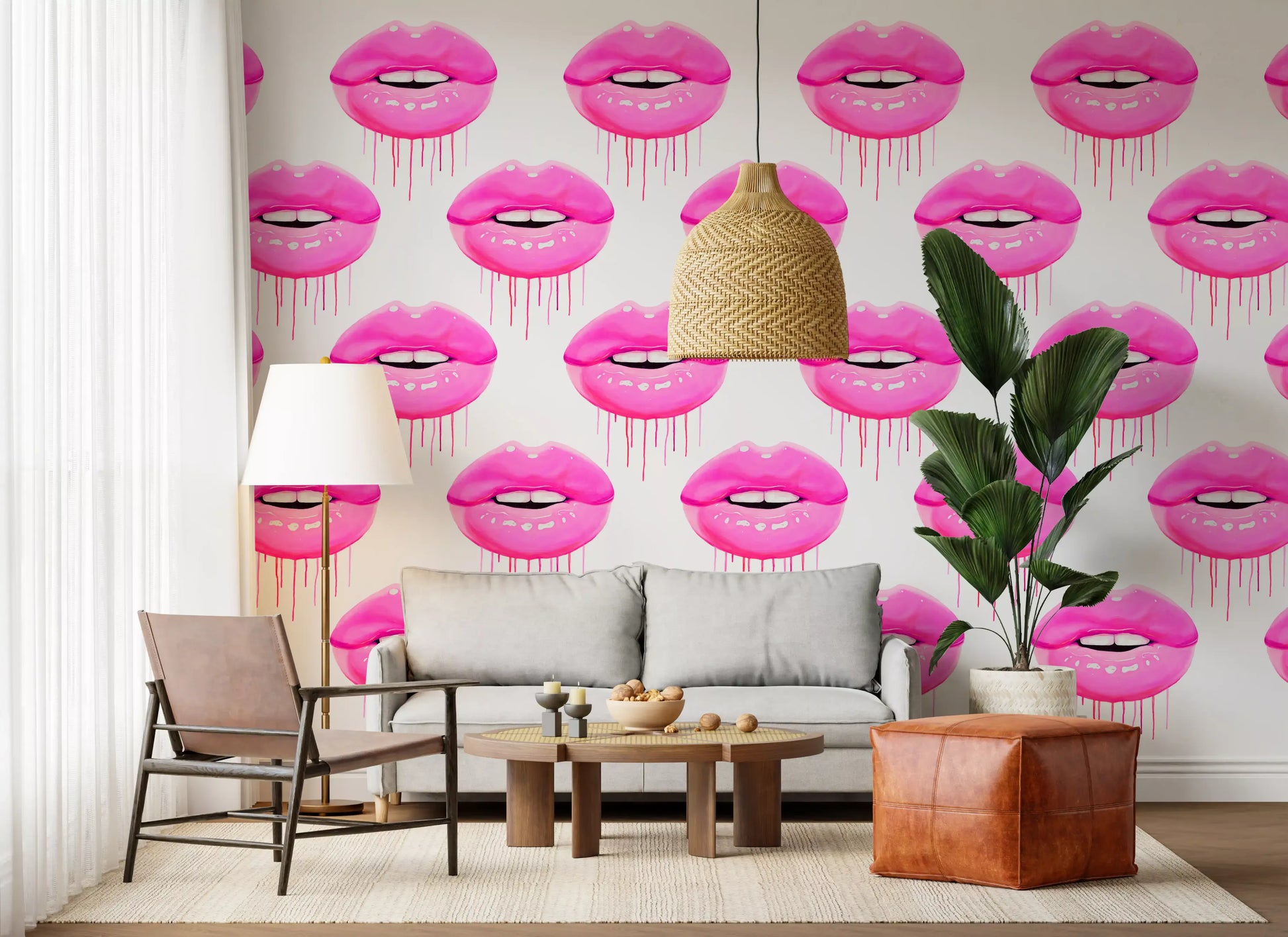 Glossy magenta motifs cover a full lounge through the Pop Pattern wall mural