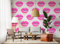 Glossy magenta motifs cover a full lounge through the Pop Pattern wall mural
