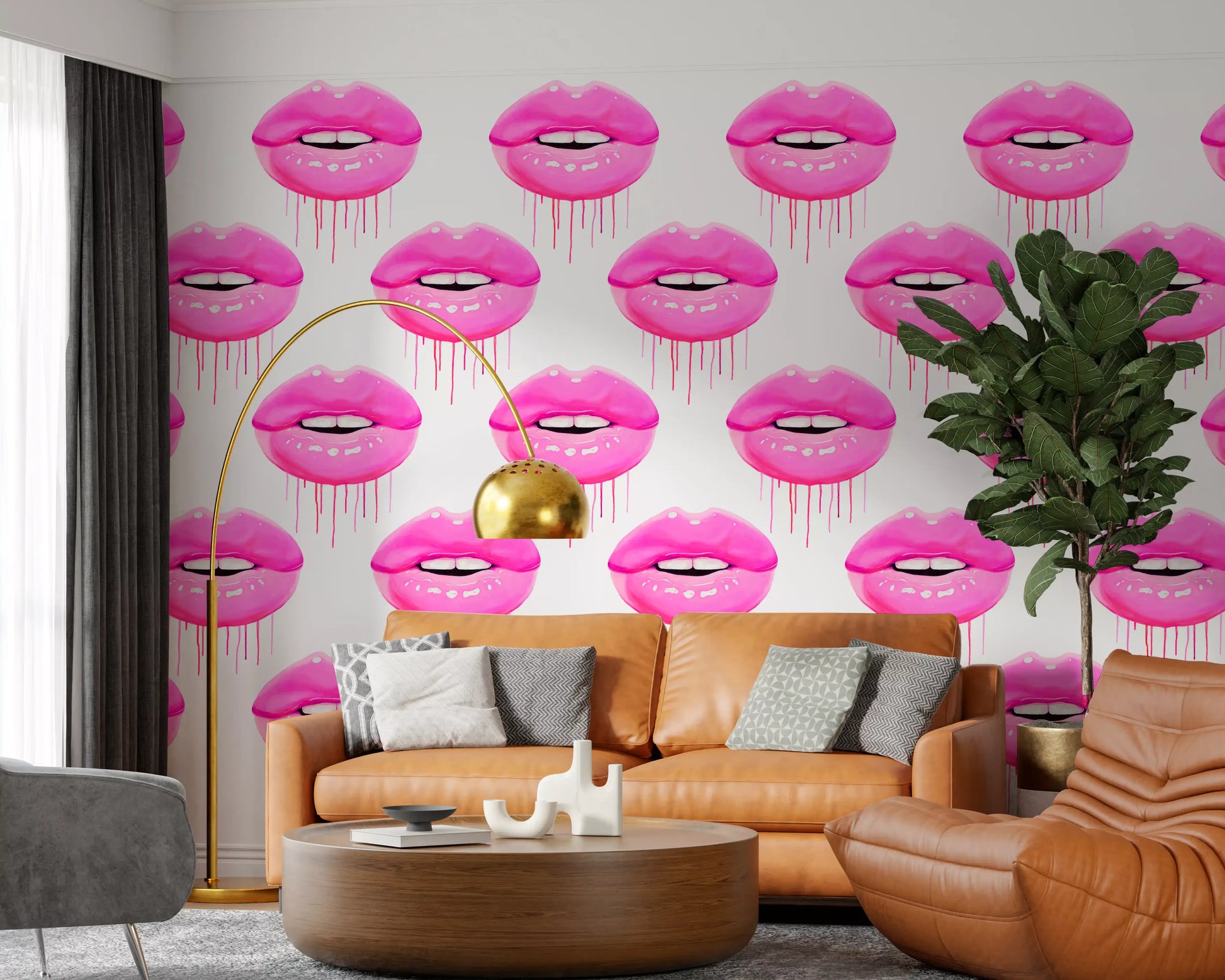Glossy pink lips repeat in tidy rows across the Fuchsia Kiss Pop Pattern wall mural