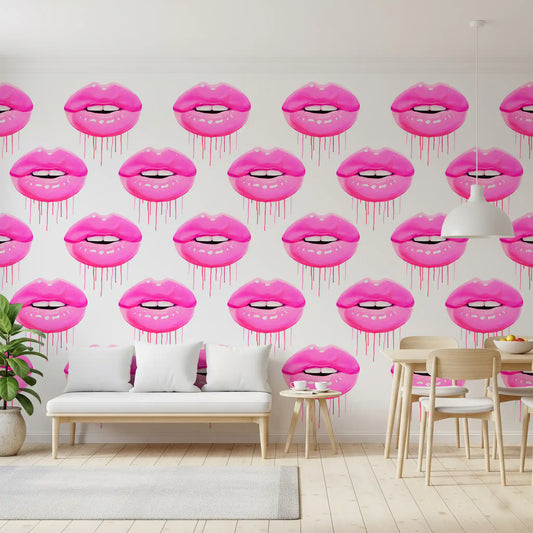 Vivid magenta lips fill the Fuchsia Kiss Pop Pattern wall mural in a Dining room setting