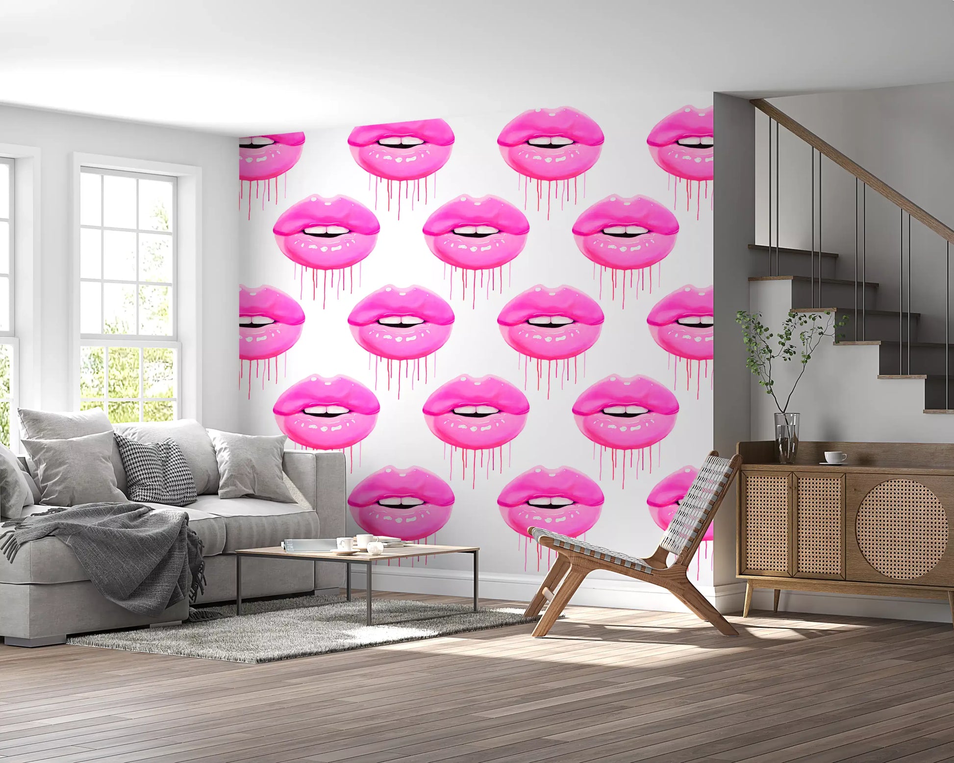 The Fuchsia Kiss Pop Pattern wall mural pairs vivid pink lips with a clean white field