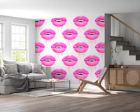 The Fuchsia Kiss Pop Pattern wall mural pairs vivid pink lips with a clean white field