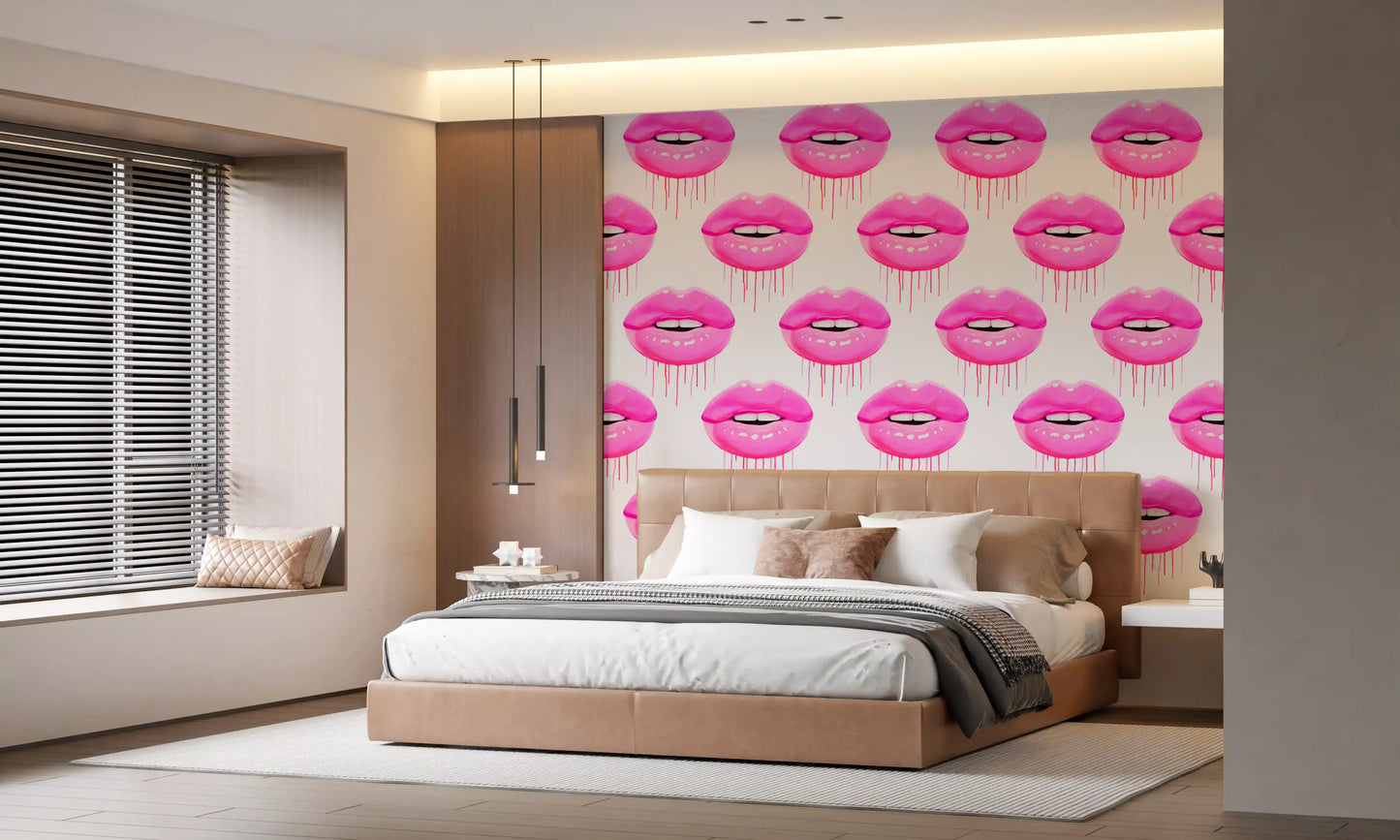 A Bedroom reads bold and modern with this Fuchsia Kiss Pop Pattern wall mural