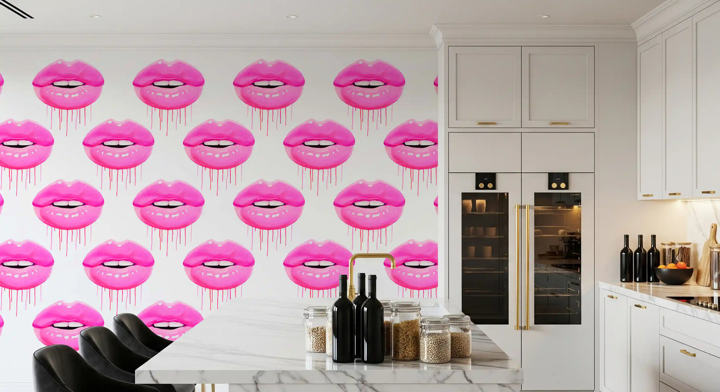 Fuchsia Kiss Pop wall mural lines a kitchen-dining area with repeat rows of pink lips