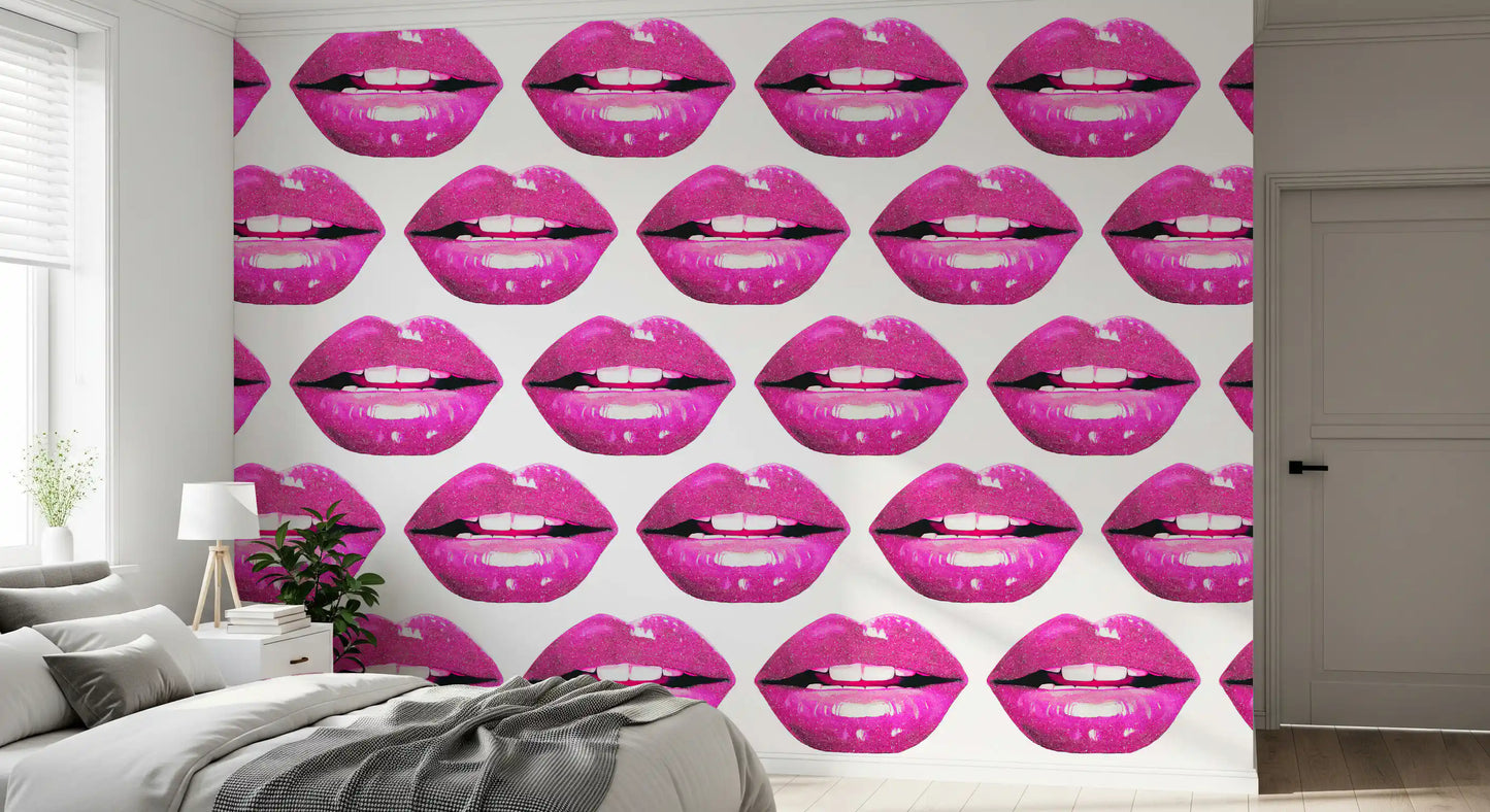 Bedroom corner lifts with retro kiss prints on a Pink Pout wall mural
