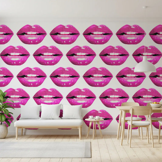 Dining room lit with pink kisses from the Pink Pout Pop wall mural