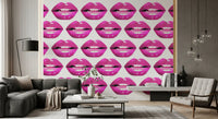 In a lounge, the Pink Pout Pop wall mural lays out glossy fuchsia lip rows