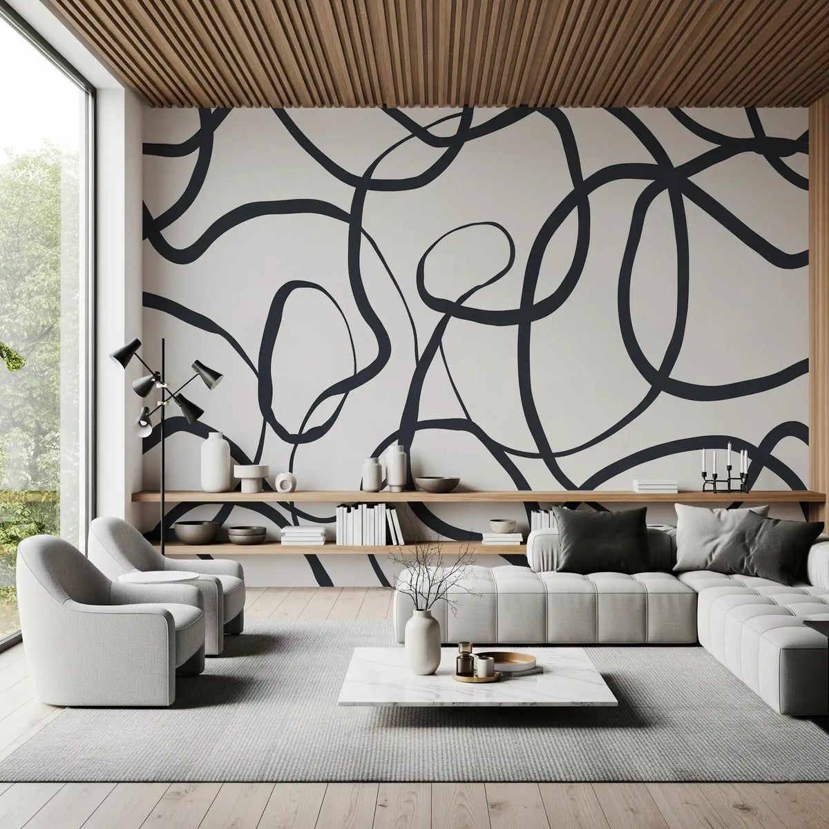 Black loop curves drift across an Abstract Serpentine Lines wall mural in a living room