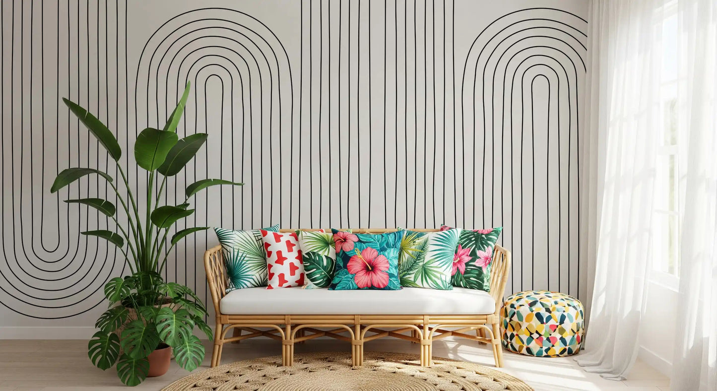 Slim ivory backdrop and dark arches sit in a lounge via the Subtle Arch Rhythm wall mural
