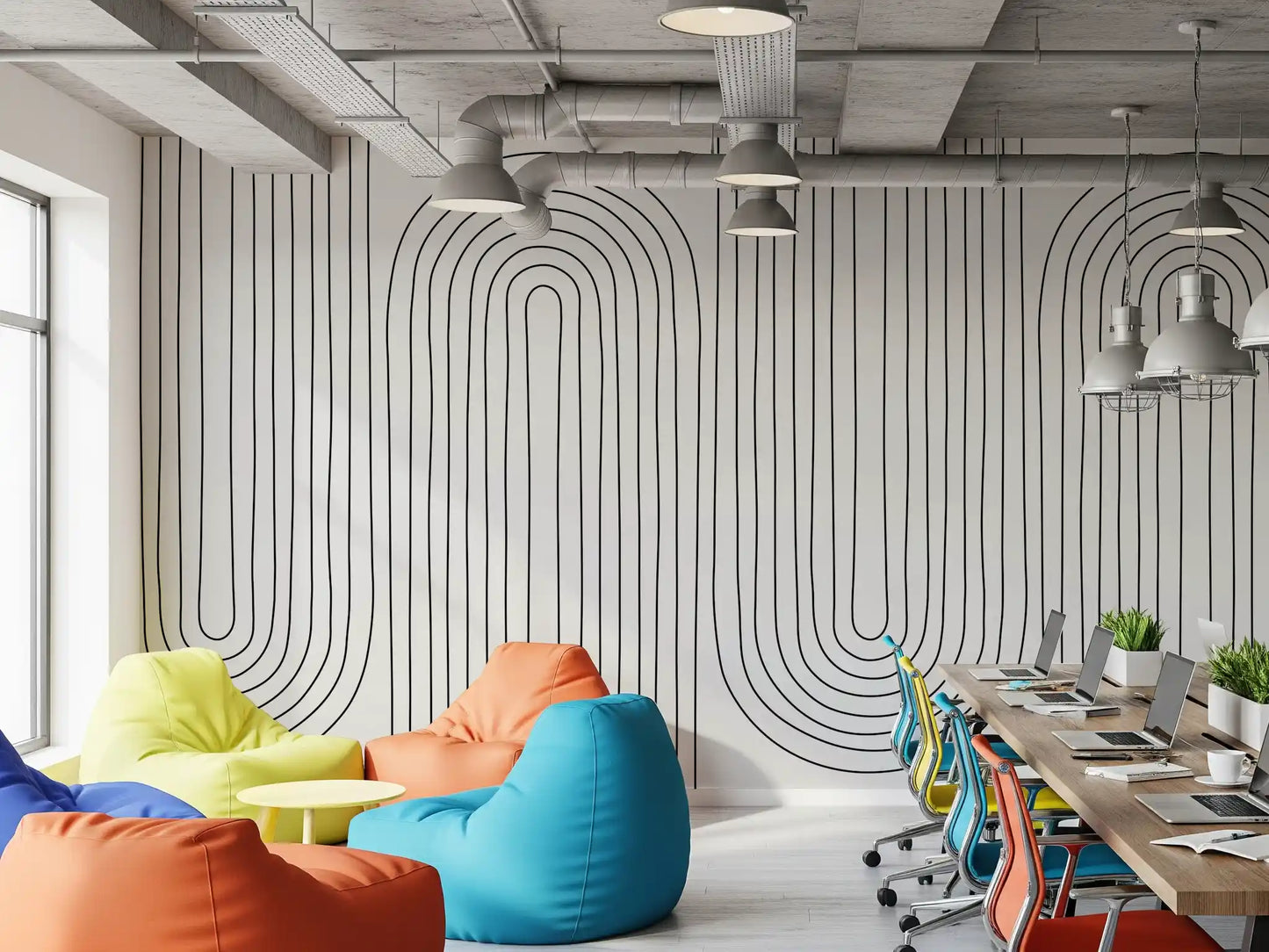 Office area pick up a steady sketched cadence thanks to the Arch Rhythm wall mural.