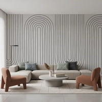 Tall looping arches climb behind a living room with the Subtle Arch Rhythm wall mural.