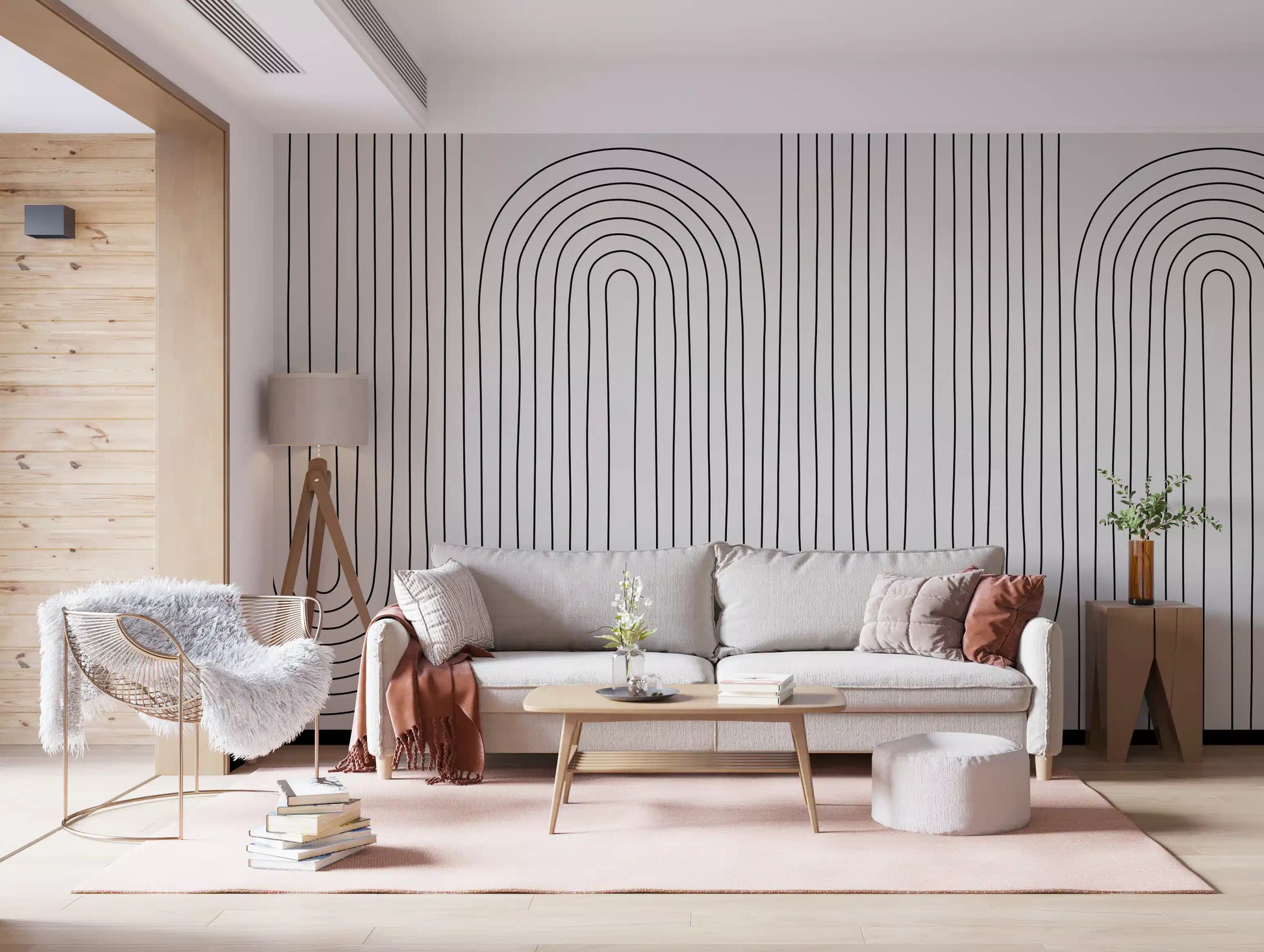 Curved black lines stretch over a Living room courtesy of the Arch Rhythm wall mural.