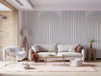 Curved black lines stretch over a Living room courtesy of the Arch Rhythm wall mural.