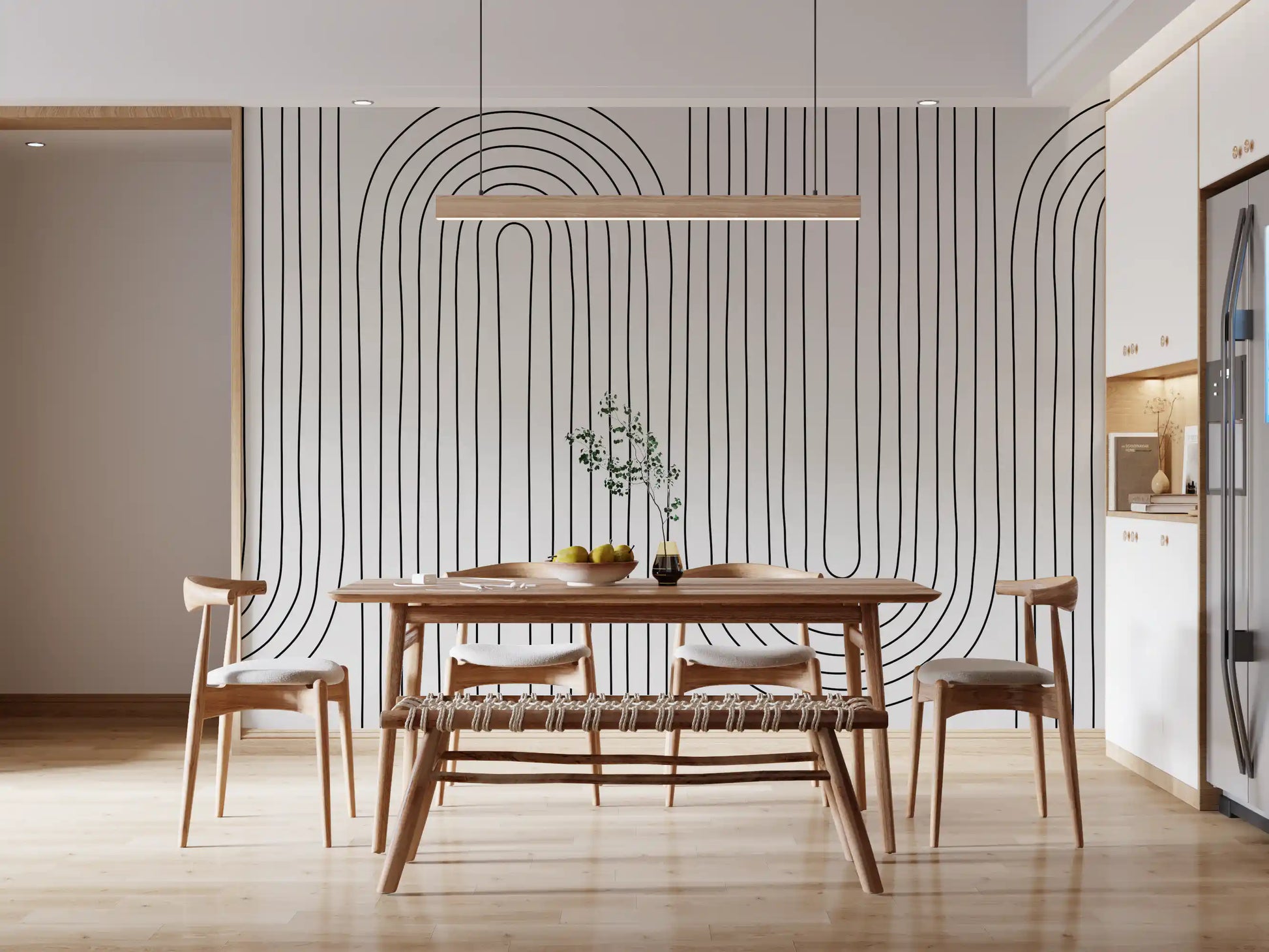 Playful repeating loops fill a Dining room with this Subtle Arch wall mural.