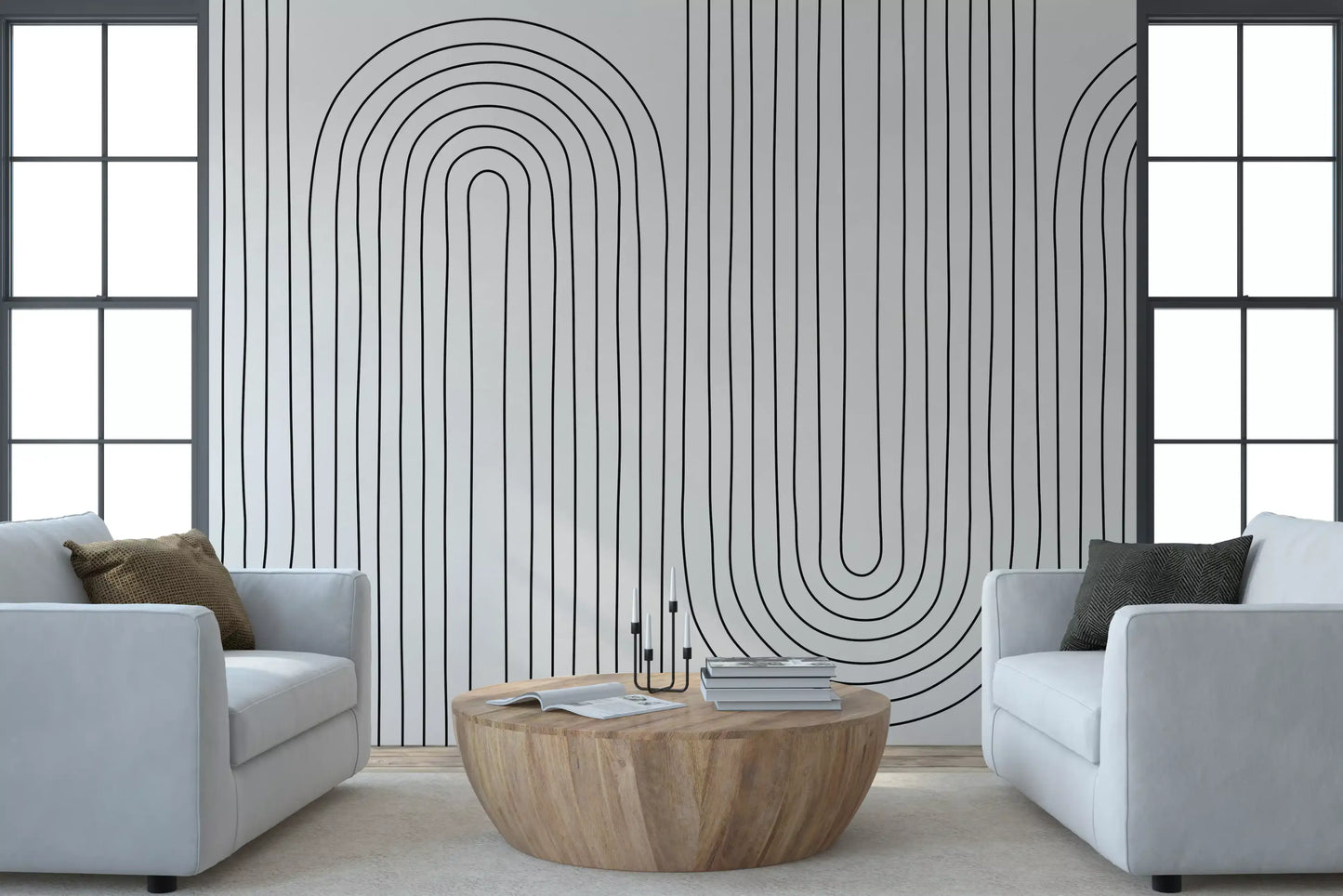 Repeating sketched curves give the Arch Rhythm wall mural a calm minimalist feel.