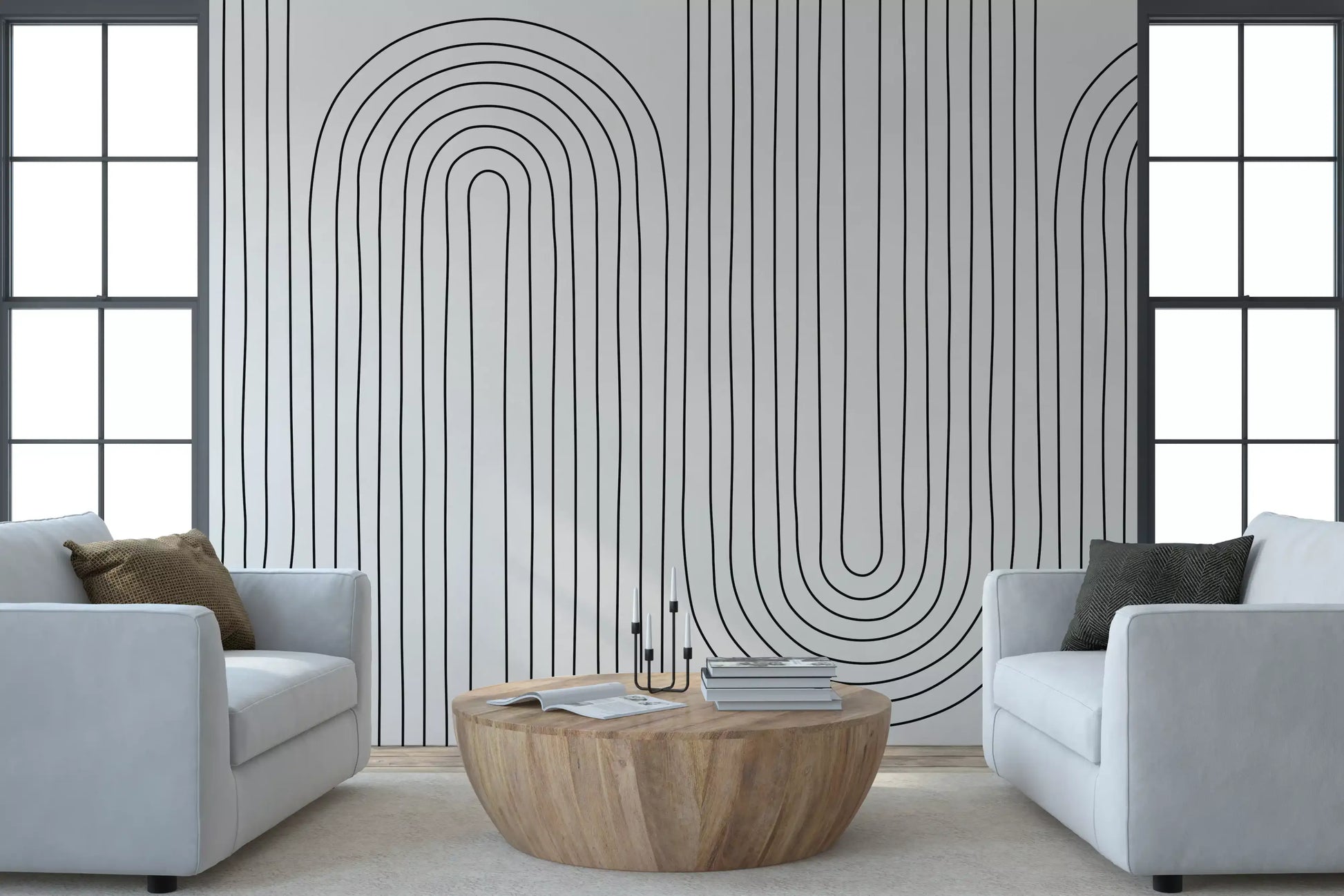 Repeating sketched curves give the Arch Rhythm wall mural a calm minimalist feel.