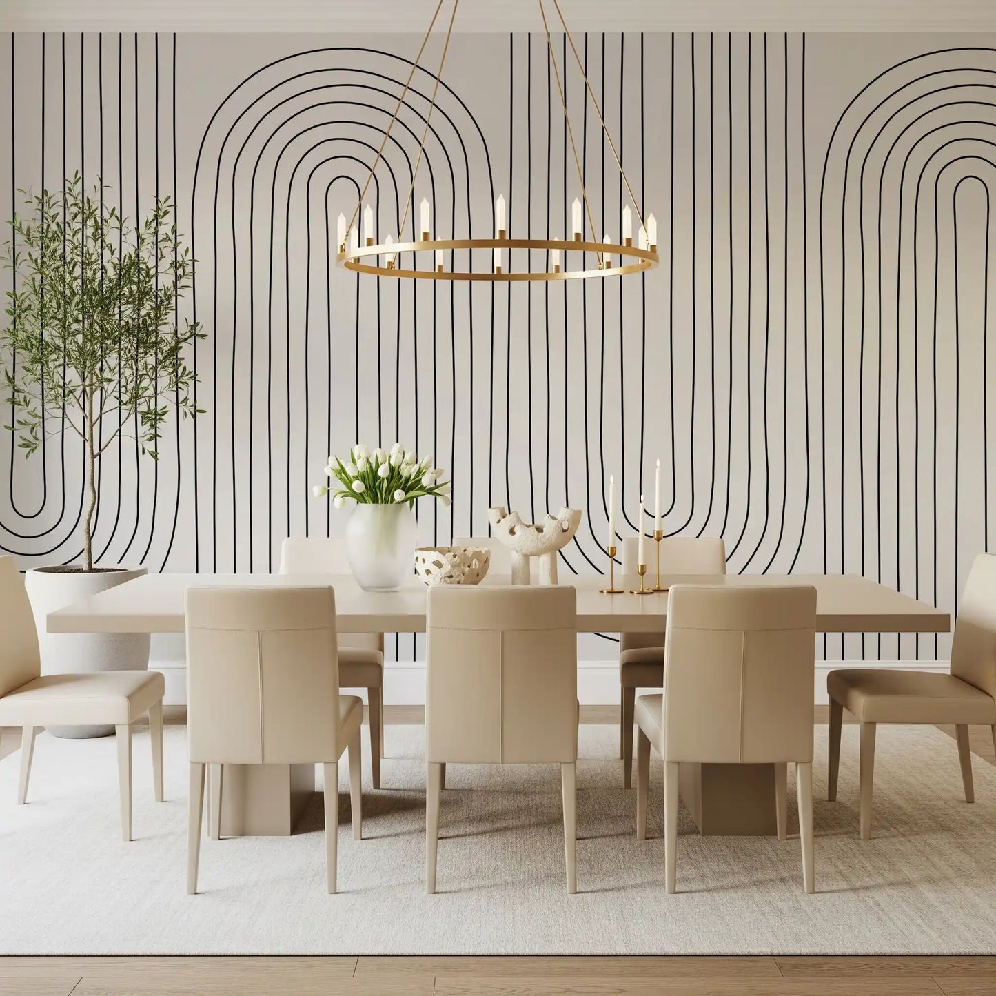A Dining area gains quiet graphic order through the Subtle Arch Rhythm wall mural.