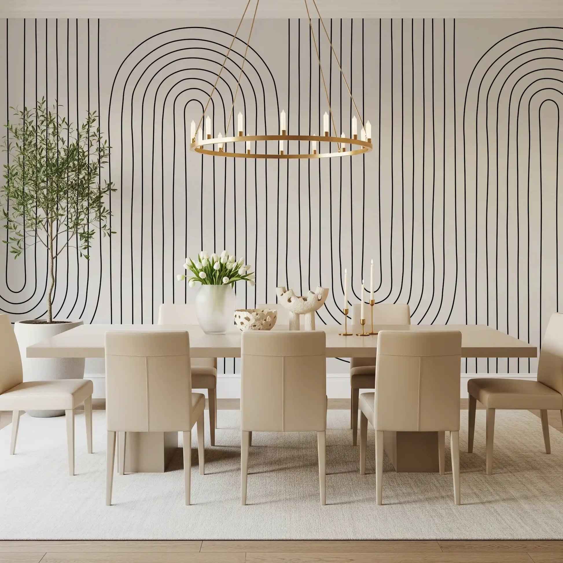 A Dining area gains quiet graphic order through the Subtle Arch Rhythm wall mural.