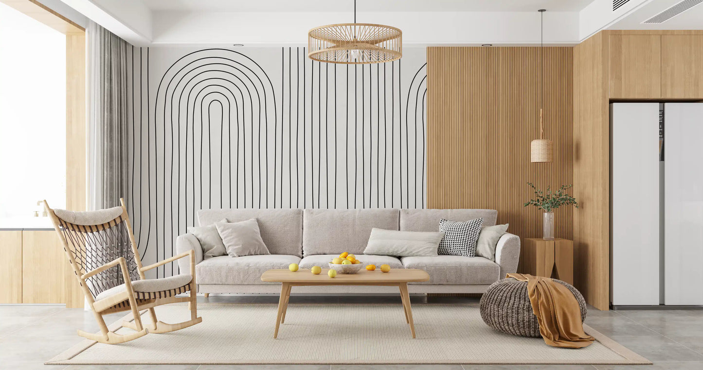 Slim black arches loop upward across pale ivory in the Subtle Arch Rhythm wall mural.