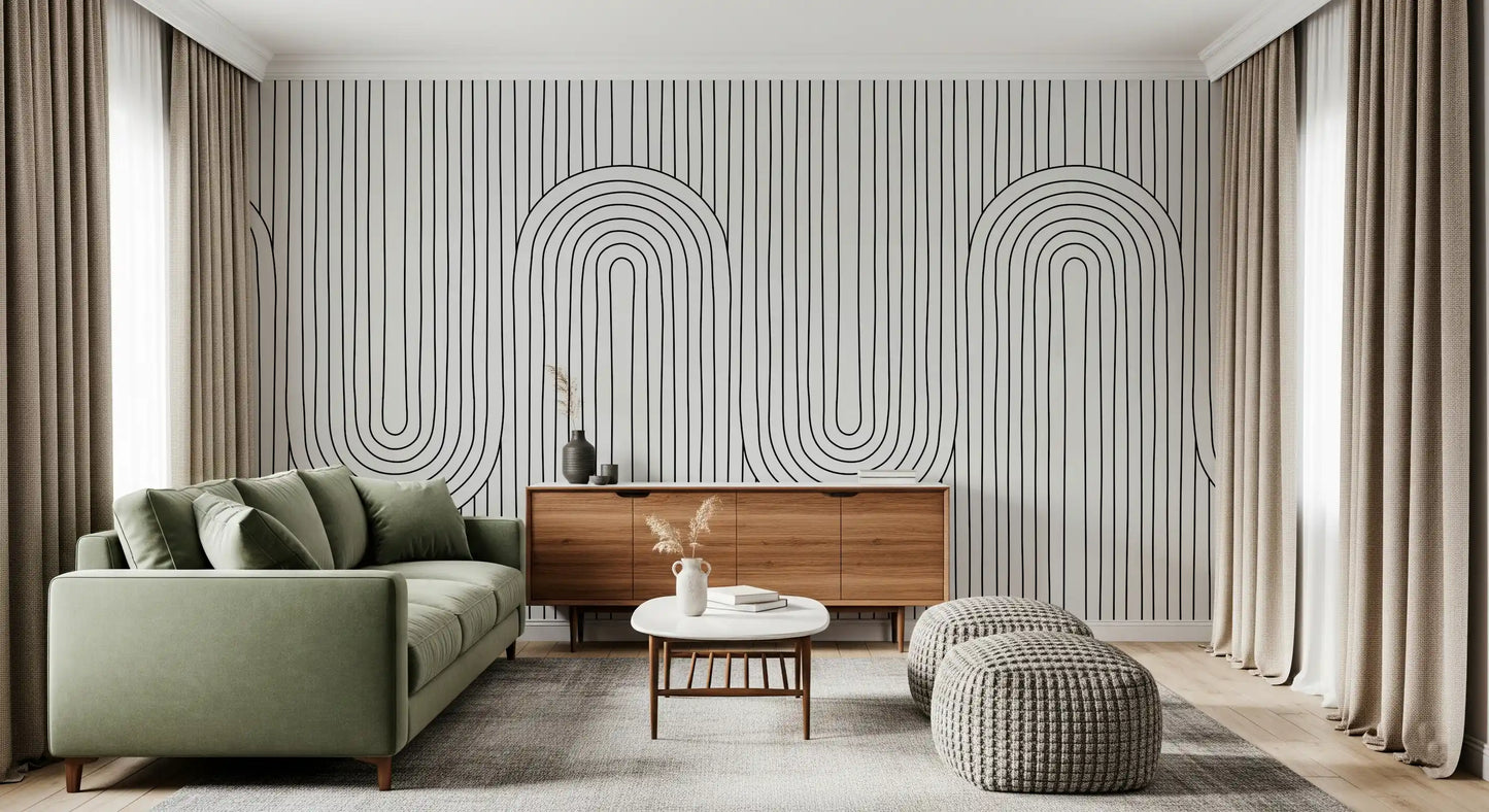 Pinstripe fields catch repeating loops in the Linear Rhythm Arches wall mural pattern.