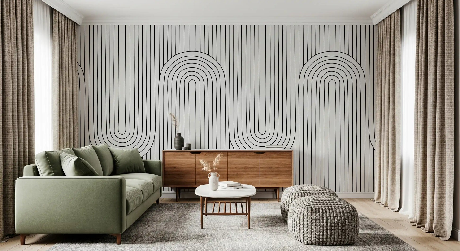 Pinstripe fields catch repeating loops in the Linear Rhythm Arches wall mural pattern.